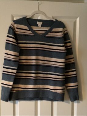 Caslon Striped V-Neck Sweater in Blue and Cream